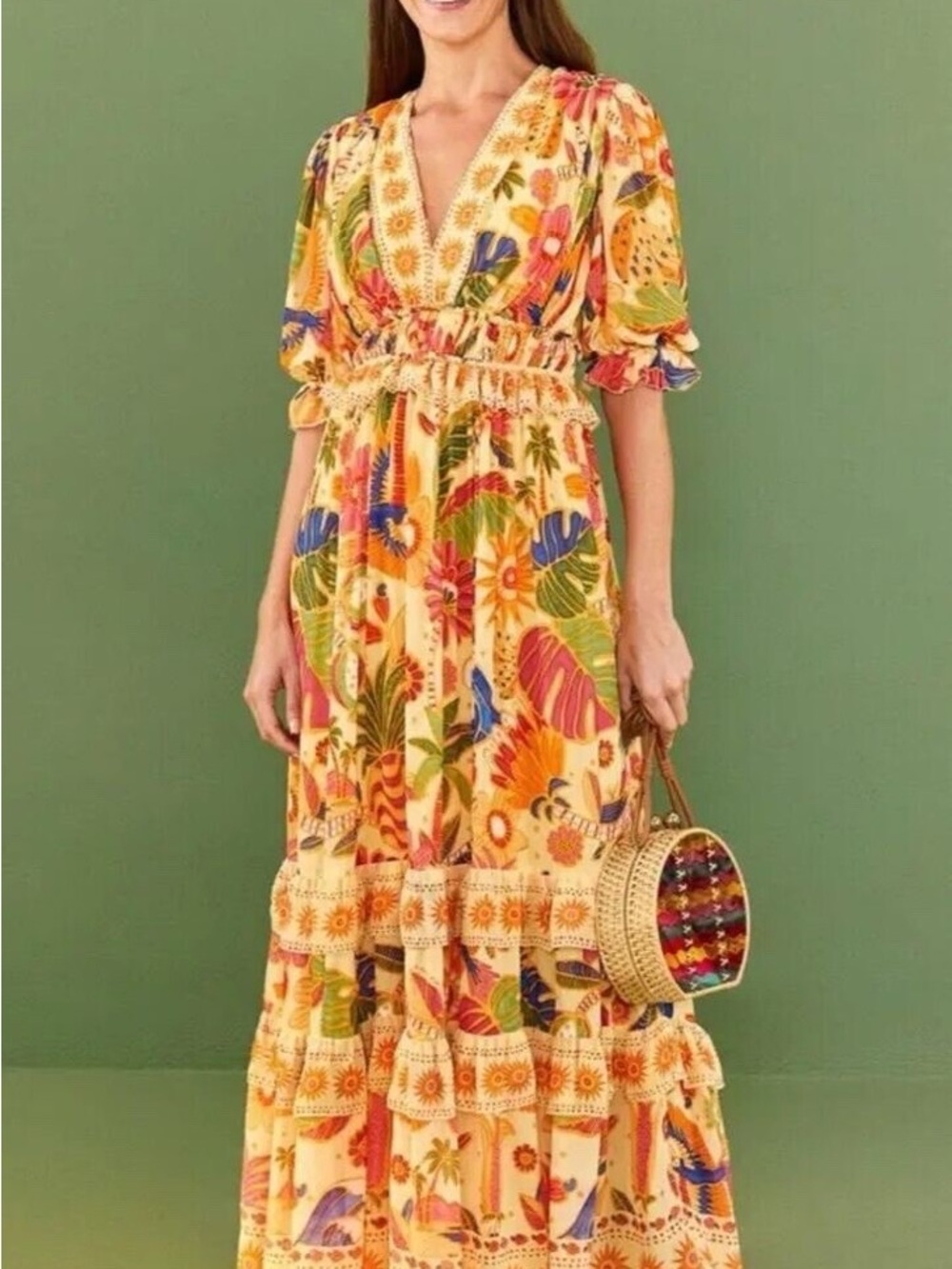NWOT FARM Rio Yellow Tropical Floral Tiered Maxi Dress